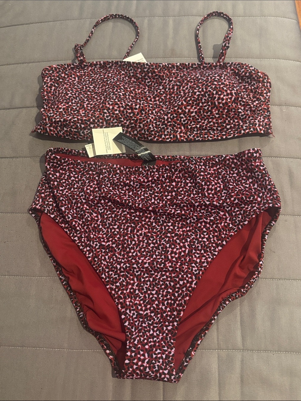 Amazon Essentials Red and Pink Leopard-Print High-Waist Bikini Set